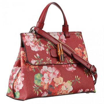 Fashion Gucci Bamboo Daily Garden Motif Red Leather Single Handle Ladies Shoulder Bag Replica 