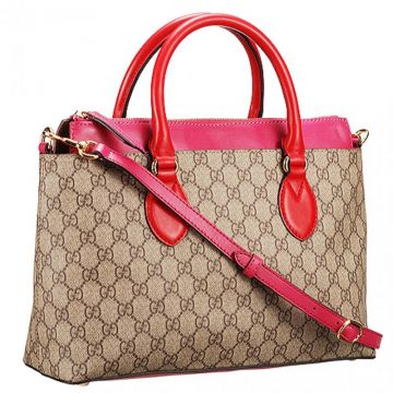 Gucci Beige Supreme Canvas & Leather Zipper Tote Bag Red Double Handle Fuchsia Shoulder Belt Shopping