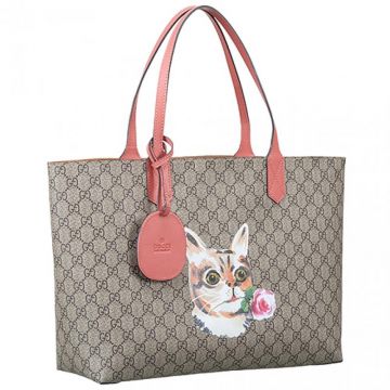 Gucci GG Supreme Pink Leather Arm-carry Straps Cat Pattern Ladies Medium Canvas Clone Tote Bag