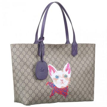 New Arrival Gucci GG Supreme Purple Flat Top Handles Cat Print Ladies Canvas Monogram Tote Bag 