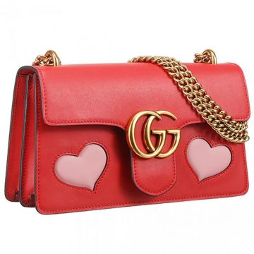 Top Style Gucci GG Marmont Two Compartments Red Leather  Chain Bag With Pink Heart Medium