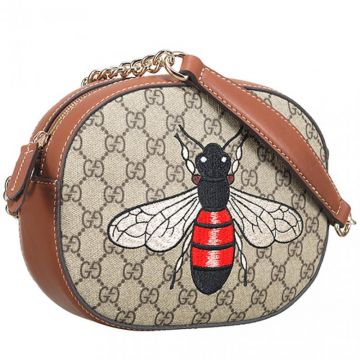 Chic Gucci Animalier Bee Jacquard Curved Brown Leather Edge GG Canvas Mini Shoulder Bag