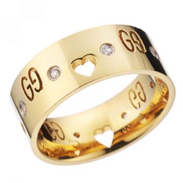 Stylish Gucci Gold GG Logo Engraved Heart Cutwork Round Diamonds Stud Ring American
