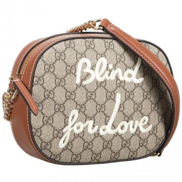 Gucci Garden Souvenir Blind For Love Motif Ladies Mini Brown Leather & GG Canvas Chain Bag