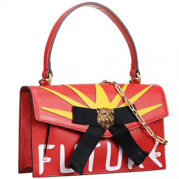 Gucci Osiride Red Leather Handbag Yellow Trim Tiger Head Flap Buckle With Black Bowknot Price 