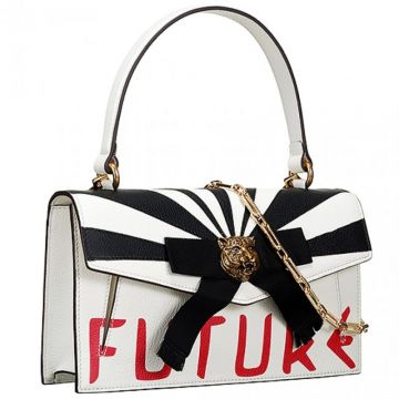 Gucci  Osiride White Handbag Single Handle White & Black Stripe Flap Closure "FUTURE" Trim Tide Girl