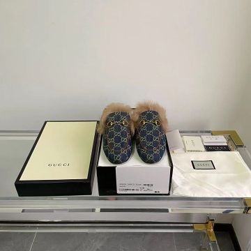 Copy Gucci Yellow Gold Horsebit Fur Lining Brown Leather Rim GG Printing Women's Blue Canvas Autumn Princetown Mules UK Price