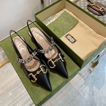  Gucci Silver Chain & Yellow Gold Horsebit Motif Classic Black Leather Pointed Toe Slingback Pumps Online