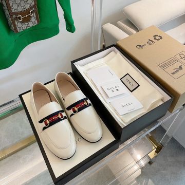  Gucci Black & Red Web Band Golden Horsebit Detail White Leather Rounded Toe Female Moccasins Price List 