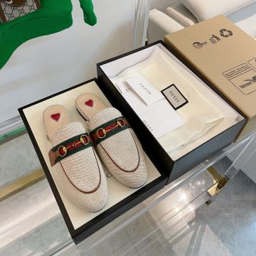 Imitation Gucci Classic Horsebit Hardware Red-Green Web Band Female Princetown Whtie & Beige Combination Canvas Slippers
