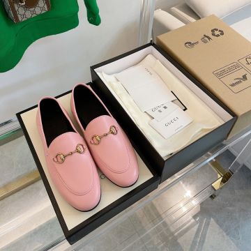 Classic Yellow Gold Plated Horsebit Hardware Roud Toe Pink Leather Folded Heel - Fake Gucci Female Loafers Price Online