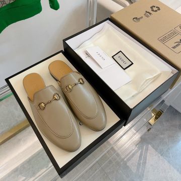 Best Price Grey Leather Yellow Gold Plated Horsebit Hardware Princetown Flat Loafers -  Gucci Female Fashion Mules 