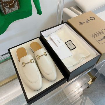 Fake Gucci Princetown White Leather Yellow Gold Plated Horsebit Female Fashion Flat Mules Price List 423513 C9D00 9022