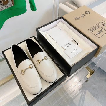  Gucci Yellow Gold Horsebit Detail Folded Heel Design Women's White Leather Round Toe High End Loafers ‎414998 DLC00 9022