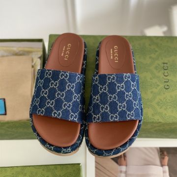 Hot Selling Dark Blue Ivory Eco Washed Organic Gg Jacquard Denim -  Women's Gucci Platform Sole Slide Sandal 623212 2KQ00 4402