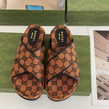 Low Price GG Monogram Printing Criss Cross Wide Straps - Replica Gucci Female Yellowish Brown Fabric Platform Sandals