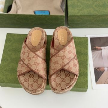 Top Sale Beige GG Supreme Canvas Leather Piping Detail - Fake Gucci Cross Strap Upper Platform Sandals Online