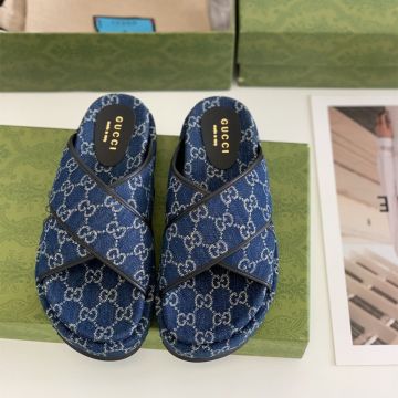Classic GG Monogrammed Pattern Blue Canvas Mid Heel Slipper -  Gucci Women's Cross Straps Platform Sandals