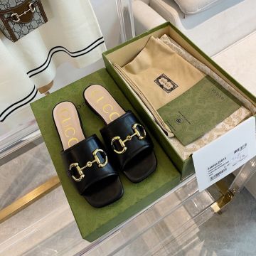 Low Price Yellow Gold Plated Horsebit Detail Square Toe Black Leather - Faux Gucci Ladies Flat Slide Sandal Online 