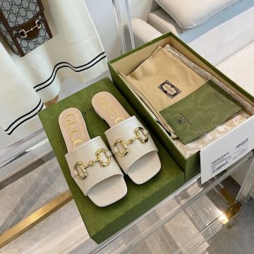 Best Style Flat Heel White Leather Yellow Gold Horsebit Detail Summer Slippers - Gucci Square Toe Women's Slide Sandal