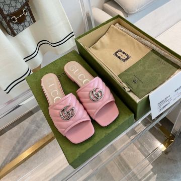 Best Price Silver Double G Decoration 15mm Heel Height Square Toe - Imitated Gucci Pink Diagonal Matelassé Leather Women's Slide