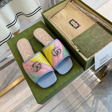 High Quality Blue Motif Silver GG Logo Ornamentation Green/Pink/Yellow Leather Upper - Copy Gucci Female Candy Color Slide Sandal