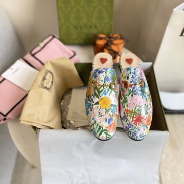 Hot Selling Princetown Garden Colorful Flower Printing Classic Golden Horsebit - Women's Fake Gucci Leather Mules Online