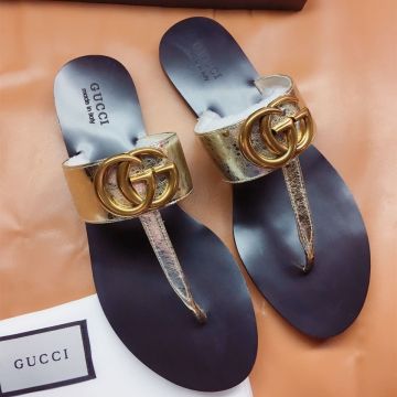  Gucci Golden Metal Leather Material Black Outsole Yellow Gold Double G Flip-Flops Women's Fashion Thong Sandals