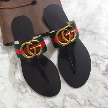 Hot Selling Red - Green Web Canvas Band Yellow Gold Plated GG Hardware Leather Rubber Outsole - Replica Lady Thong Sandals