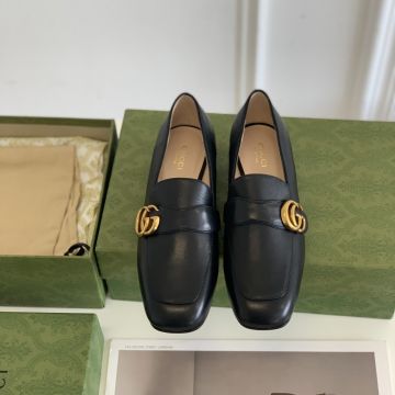 Low Price Yellow Gold GG Hardware Square Toe Mid-low-Heel Slip On Shoes -  Gucci Black Leather Moccasins