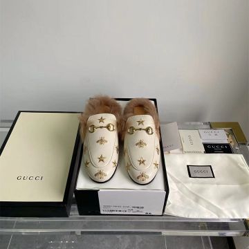  Gucci Yellow Gold Horsebit Bee Decoration Fur Limed Female White Leather Princetown Flat Slippers Price List