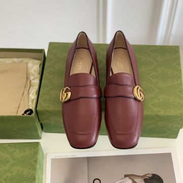 Latest GG Logo Metallic Wave Style Strap Detail Low Heel Burgundy Leather - Fake Gucci Square Toe Loafers