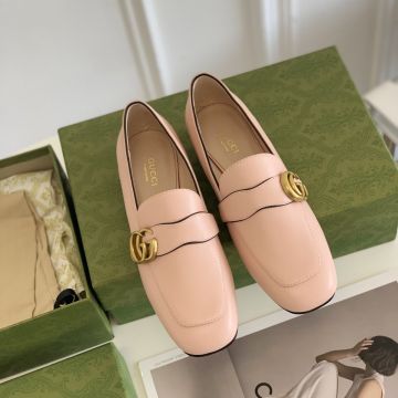 Sweet Style Pink Leather Leather Piping Classic Brass GG Detail Low Heel Square - Faux Gucci Women's Slip-On Loafers