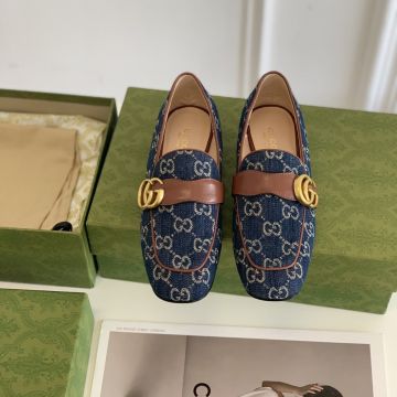 Spring Fashion Blue GG Supreme Canvas Brass Interlocking G Buckle Brown Leather Band -  Gucci High End Female Loafers