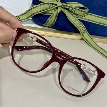  Gucci Cat Eye Style Transparent Lens Golden Horsebit Temples Fashion Wine Red Acetate Frame Female Sunglasses