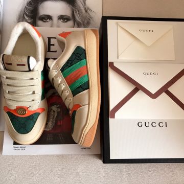 Faux Gucci Lovelight Screener Red-Green Web Band Women's GG Supreme Green Canvas Detail White Leather Lace UP Trainers Online