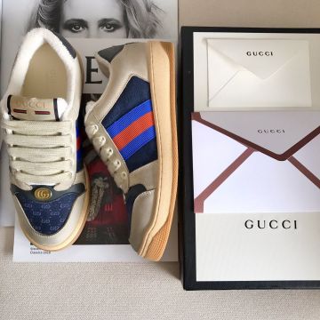 2022 Gucci Screener Blue-Red Web Design Low Heeled Lace Up Blue GG Supreme Canvas Motif Women's Sneakers