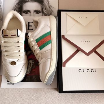  Gucci Screener GG Logo Oval Enameled Detail Female White Leather & Canvas Classic Red-Green Web Trainers Lace Up 