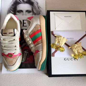 Fashion White Leather beige/ebony Original GG Canvas Pink Leather Detail Screener Shoes - Replica Gucci Ladies Sneakers