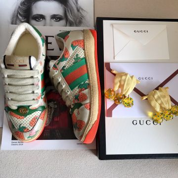 Top Sale Strawberry Printing Red-Green Web Detail Women's Lace Up Screener Sneakers - Imitation Gucci White Leather Trainers