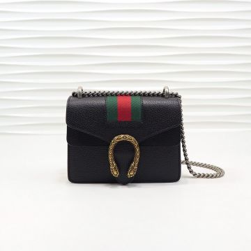 Clone Gucci Dionysus Black Leather Flap Red-Green Web Gold Double Tiger Head Hardware Silver Chain Mini Wallet
