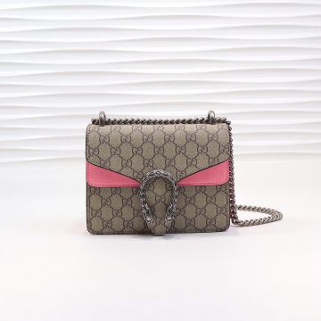 Clone Gucci Dionysus Pearl Pink Leather Trim Beige GG Canvas Flap Silver Tiger Head Accessory New Women's Shoulder Bag