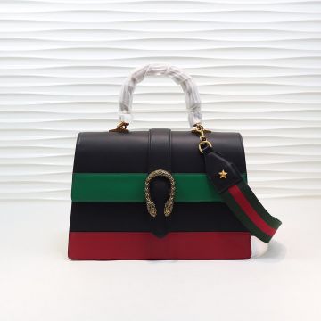 Replica Gucci Dionysus Black Leather Red Green Detail Bamboo Handle Silver Tiger Head Accessories Web Shoulder Strap Luxury Ladies Tote Bag