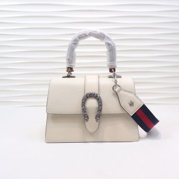  Gucci Dionysus White Leather Top Bamboo Handle Silver Tiger Head Buckle Red Blue Web Strap Elegant Ladies Bag