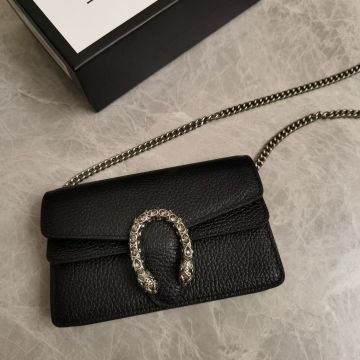 Hot Selling Black Textured Leather Crystal Silver Tiger Head Buckle Dionysus— Gucci Super Mini Wallet For Ladies  