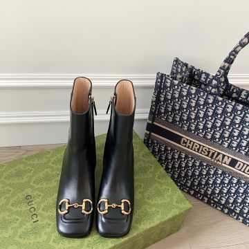 Imitation Gucci Horsebit Square Toe Mid-heel Black Leather Side Zipper Ankle Boots For Ladies Sale 643888 BKO00 1000