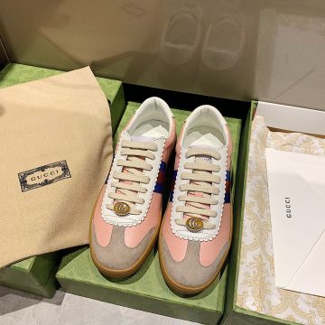 Popular GG 74 Pink Leather & Beige Suede Leather Patchwork Lace UP - Replica Gucci Unisex Web Sneakers