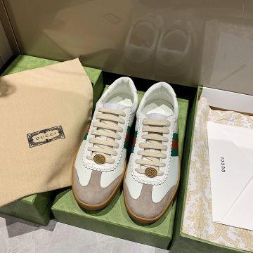 Best Price GG 74 Back Bee Printing Web Band Lace Up Leisure Shoes - Copy Gucci White Leather Beige Suede Leather Unisex Sneakers