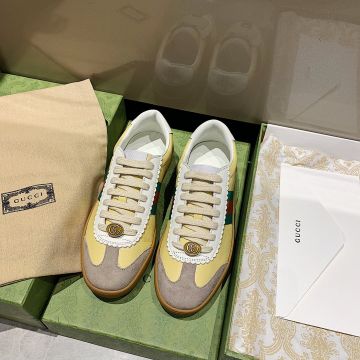 Fashion Web Detail Yellow GG 74 Leather Beige Suede Leather - Imitation Gucci Lace Up Unisex Trainers 