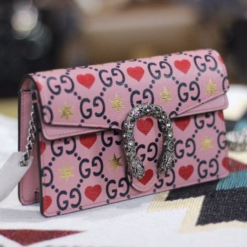 Best Quality Pink Leather Crystal Tiger Head Buckle Black GG Web Pattern Dionysus—Replica Gucci Super Mini Chain Wallet